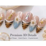 Ocean‑Charm 3D Flower Press‑On Nails, Medium‑Long Almond False Nails with Golden Seahorse, Starfish & Shell Texture